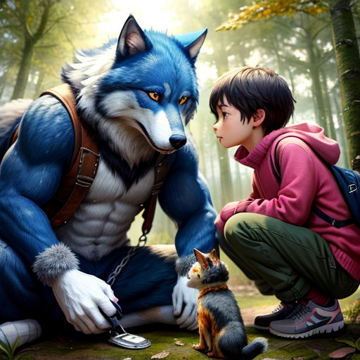a boy and a wolf in the woods with a cat and a dog looking at each other's eyes