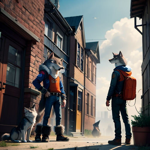 a man standing next to a dog on a sidewalk next to a building with a dog on the sidewalk