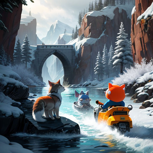 a painting of a fox and two dogs on a boat in a river with a bridge in the background