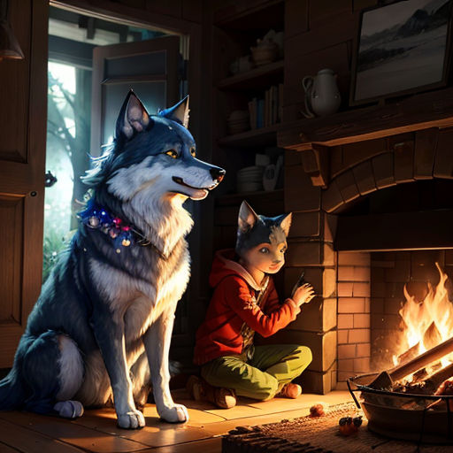 a boy and a dog sitting in front of a fire place with a fire in the fireplace and a fire in the fireplace