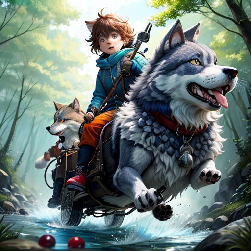 a boy riding a motorcycle with a wolf on the back of it in the woods with a dog on the back