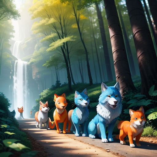 a group of foxes standing on a road in the woods next to a waterfall and a forest with a waterfall