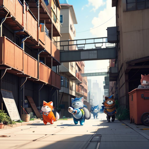 a group of animated characters walking down a street next to tall buildings and a bridge over a street with cars