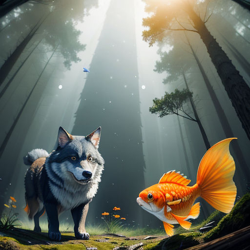 a wolf and a fish in a forest with sunlight coming through the trees and a bird flying above them