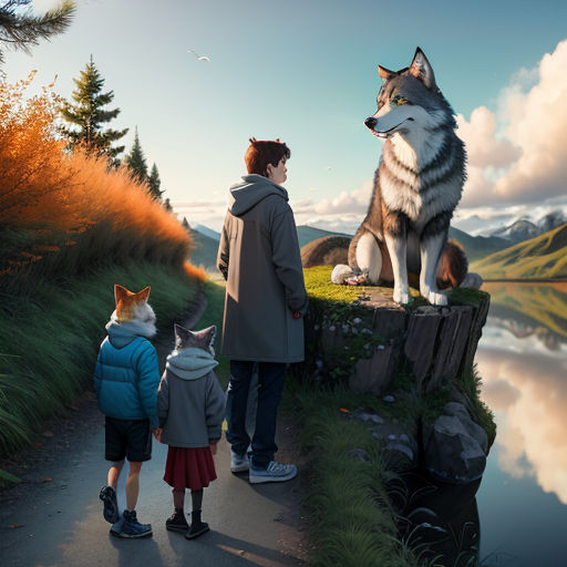 a man and a child standing next to a dog on a cliff with a lake in the background and a mountain in the background