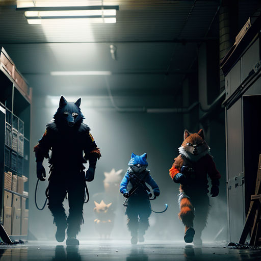 a group of people in costumes walking through a warehouse with cats on their backs and a cat on their back