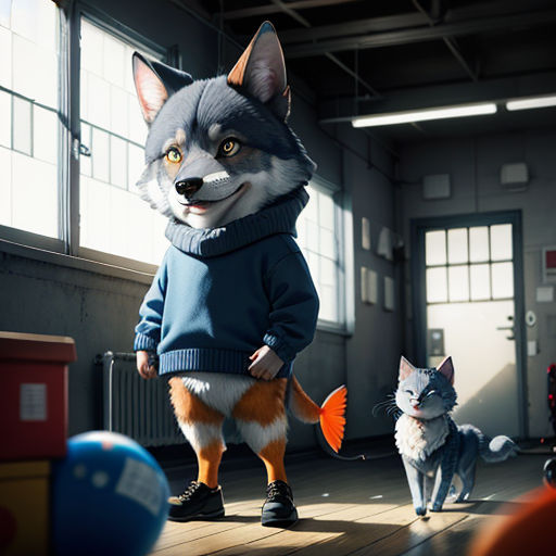 a fox and a cat in a room with a ball and a window in the background and a person in a sweater