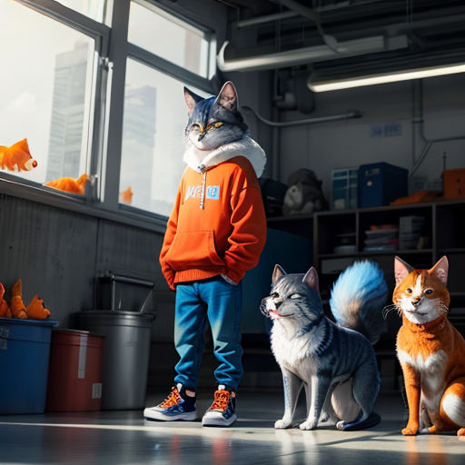 a person standing next to two cats and a dog in a room with a window and a cat on the floor