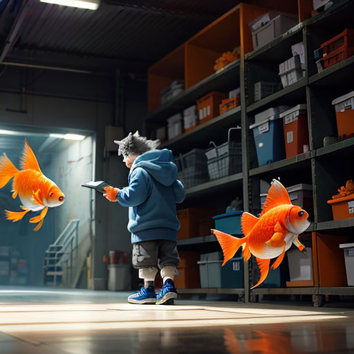 a boy in a blue jacket is holding a fish in his hand and two goldfish are in the other hand