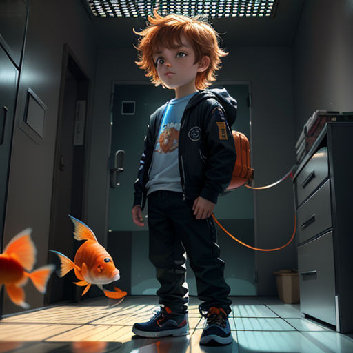 a boy in a room with a fish in his hand and a backpack on his shoulder, and a fish in his hand