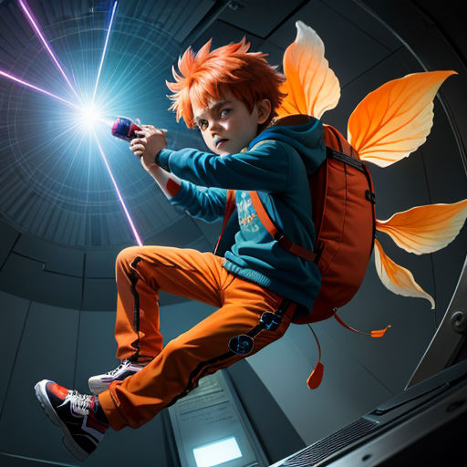 a young boy with a backpack and lightsabed in a space station tunnel, holding a light saber