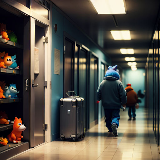 a person walking down a hallway with a suitcase and a cat on the floor next to them and a cat on the wall