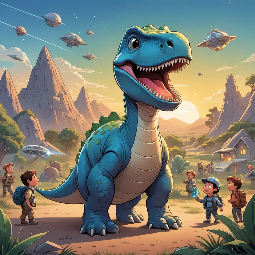 a cartoon dinosaur with a group of people in the background and a mountain in the background with a sky full of stars, sots art, a storybook illustration, Adam Rex, rossdraws global illumination