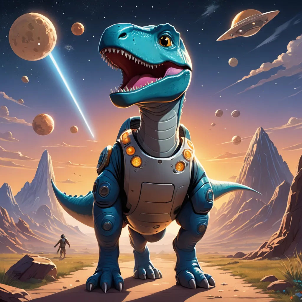 a dinosaur with a space suit on and a man in the background with planets in the sky and a man in the foreground, space art, concept art, Adam Rex, rossdraws global illumination