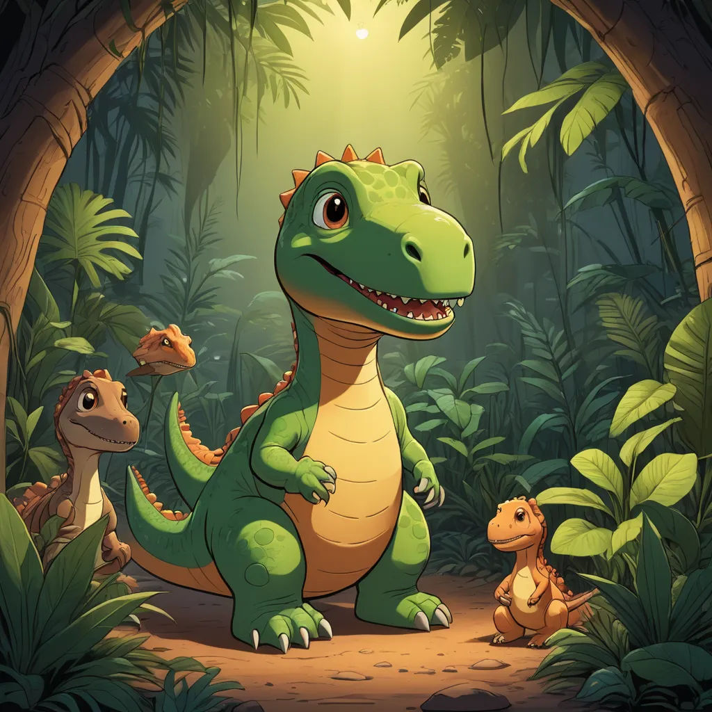 a dinosaur and other animals in a jungle scene with a light shining on the ground and trees in the background, sots art, a storybook illustration, Adam Rex, rossdraws global illumination