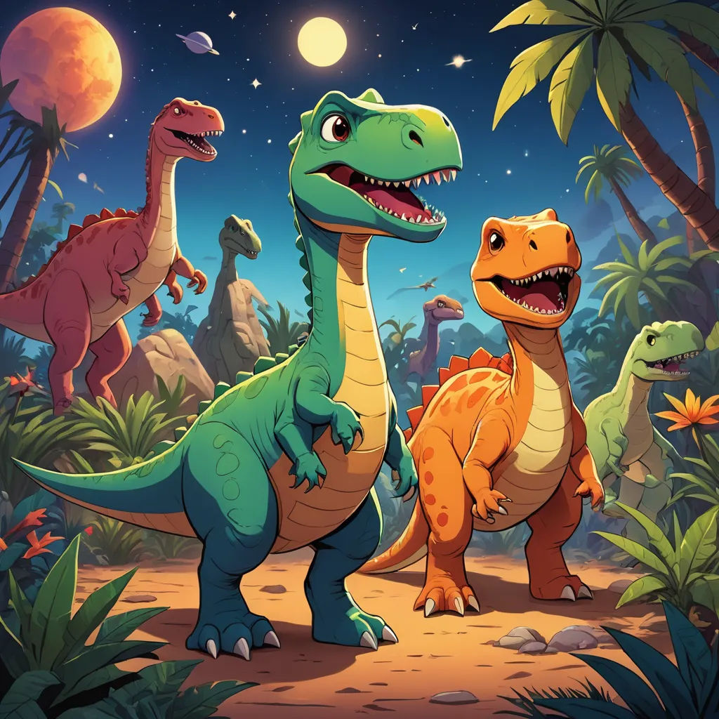 a group of dinosaurs in a jungle with a full moon in the background and palm trees and bushes around them, sots art, concept art, Adam Rex, rossdraws global illumination