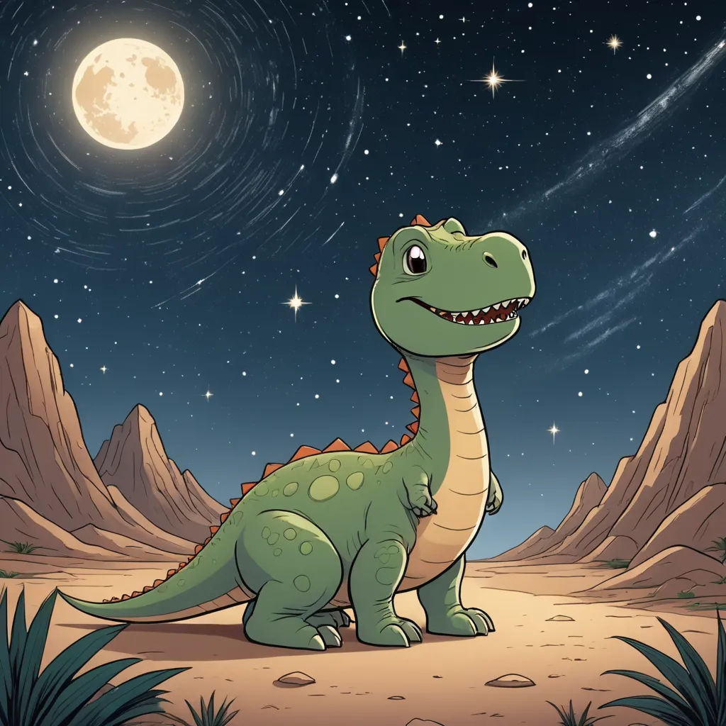 a cartoon dinosaur is standing in the desert at night with a full moon in the background and stars in the sky, space art, a storybook illustration, Adam Rex, storybook illustration