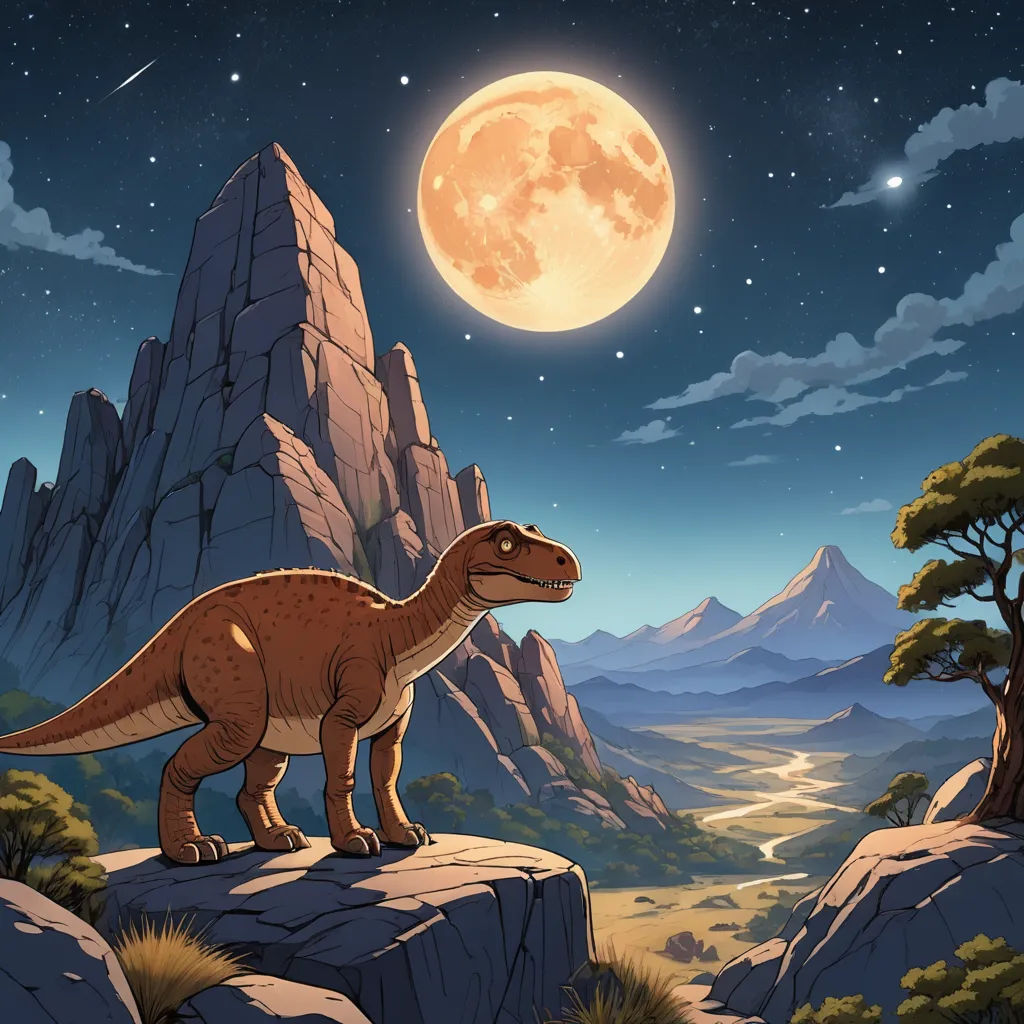 a dinosaur standing on a rock in front of a full moon and a mountain landscape with a river running through it, space art, a storybook illustration, Chris LaBrooy, promotional image