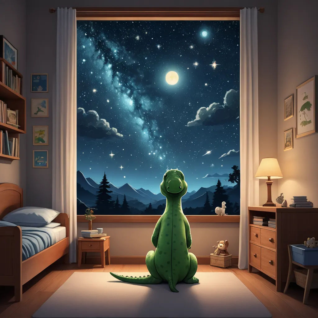 a green dinosaur sitting in front of a window at night with the stars and the moon in the sky, space art, a storybook illustration, Chris LaBrooy, storybook illustration