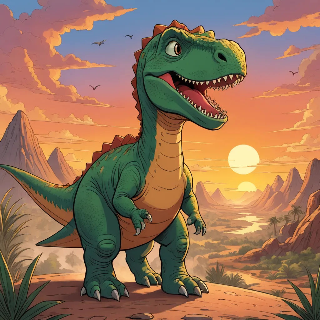 a cartoon dinosaur with a sunset in the background and a bird flying over it's head and mouth, sots art, a character portrait, Adam Rex, rossdraws global illumination