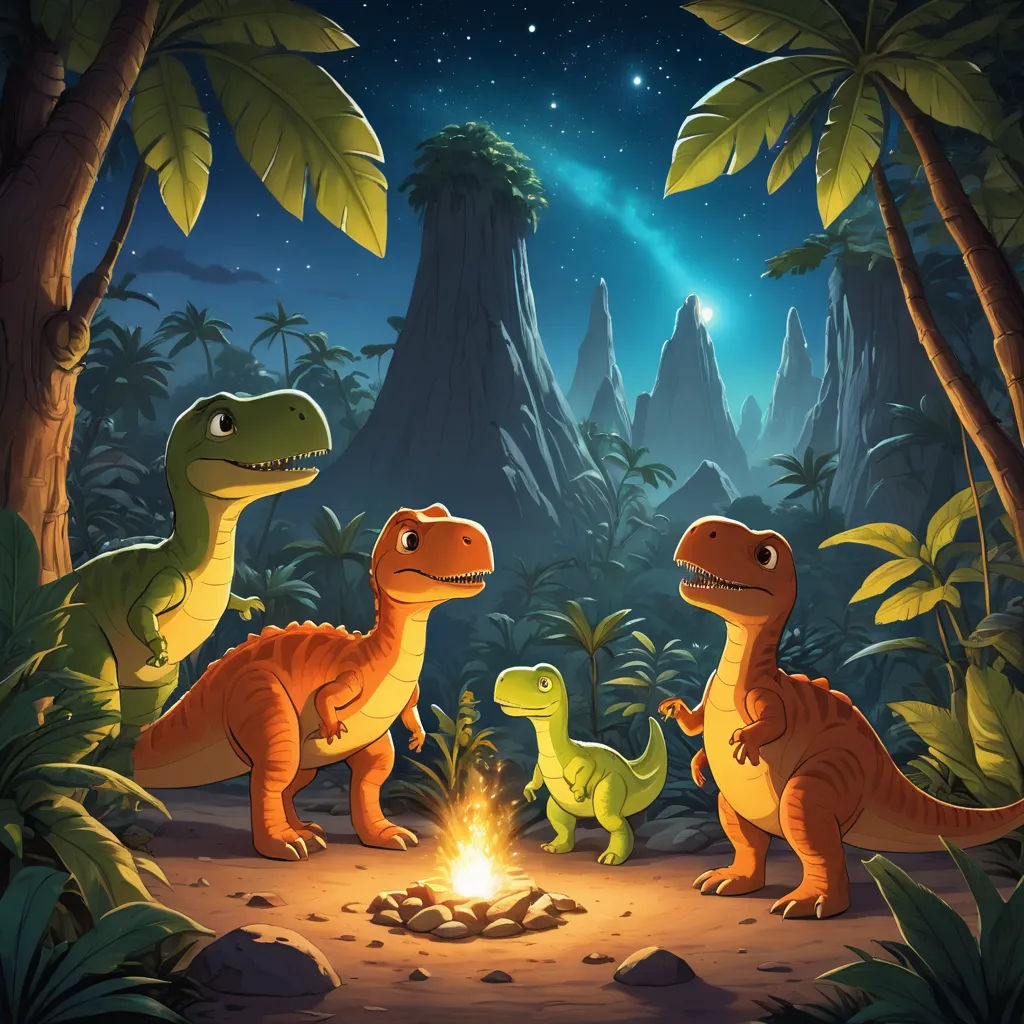 a group of dinosaurs standing around a campfire in the jungle at night time with a mountain in the background, primitivism, a storybook illustration, Adam Rex, rossdraws global illumination