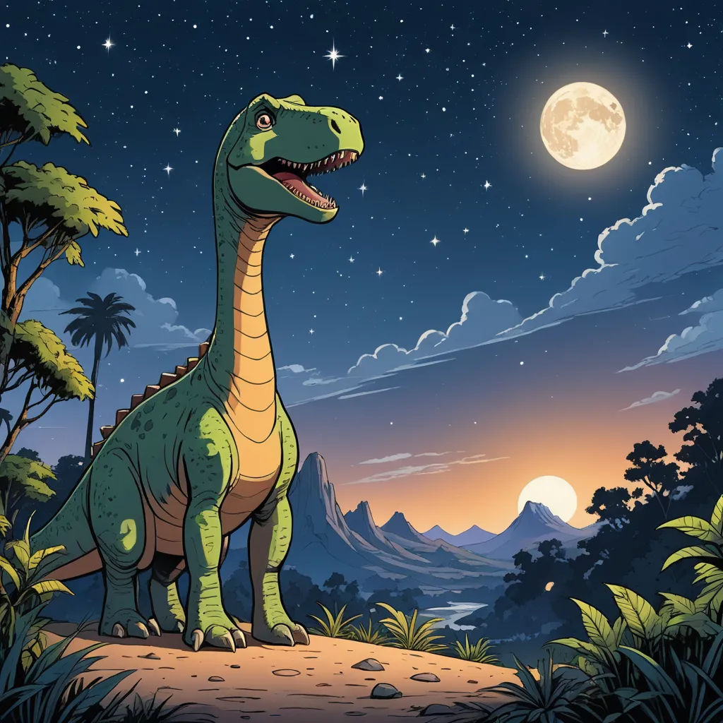 a dinosaur is standing in the jungle at night with a full moon in the background and stars in the sky, space art, a storybook illustration, Adam Rex, rossdraws global illumination