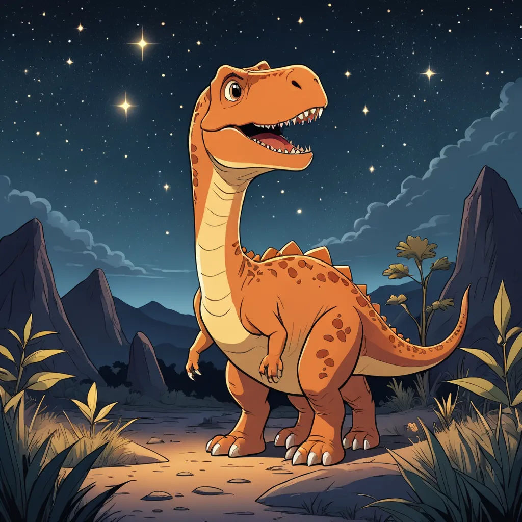 a cartoon dinosaur standing in the desert at night with stars in the sky above it and a mountain in the background, space art, a storybook illustration, Adam Rex, rossdraws global illumination