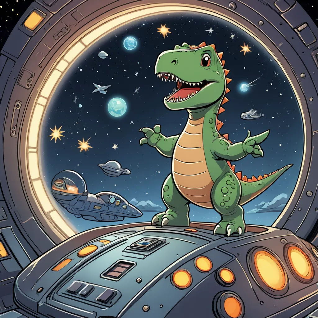 a dinosaur is standing on top of a spaceship in space with a spaceship in the background and a space station in the foreground, space art, a storybook illustration, Adam Rex, comic cover art