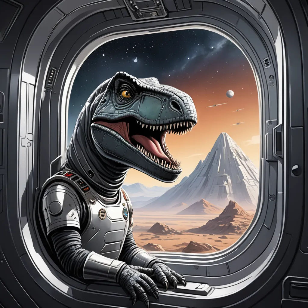 a dinosaur in a space station looking out the window of a space station with mountains and a mountain in the background, space art, a storybook illustration, Adam Rex, highly detailed digital painting