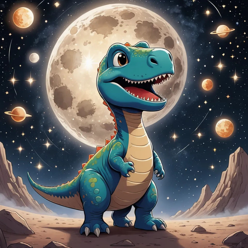 a cartoon dinosaur with a full moon in the background and stars in the sky above it, with a mountain and a full moon in the background, space art, a storybook illustration, Adam Rex, josan gonzales and dan mumford