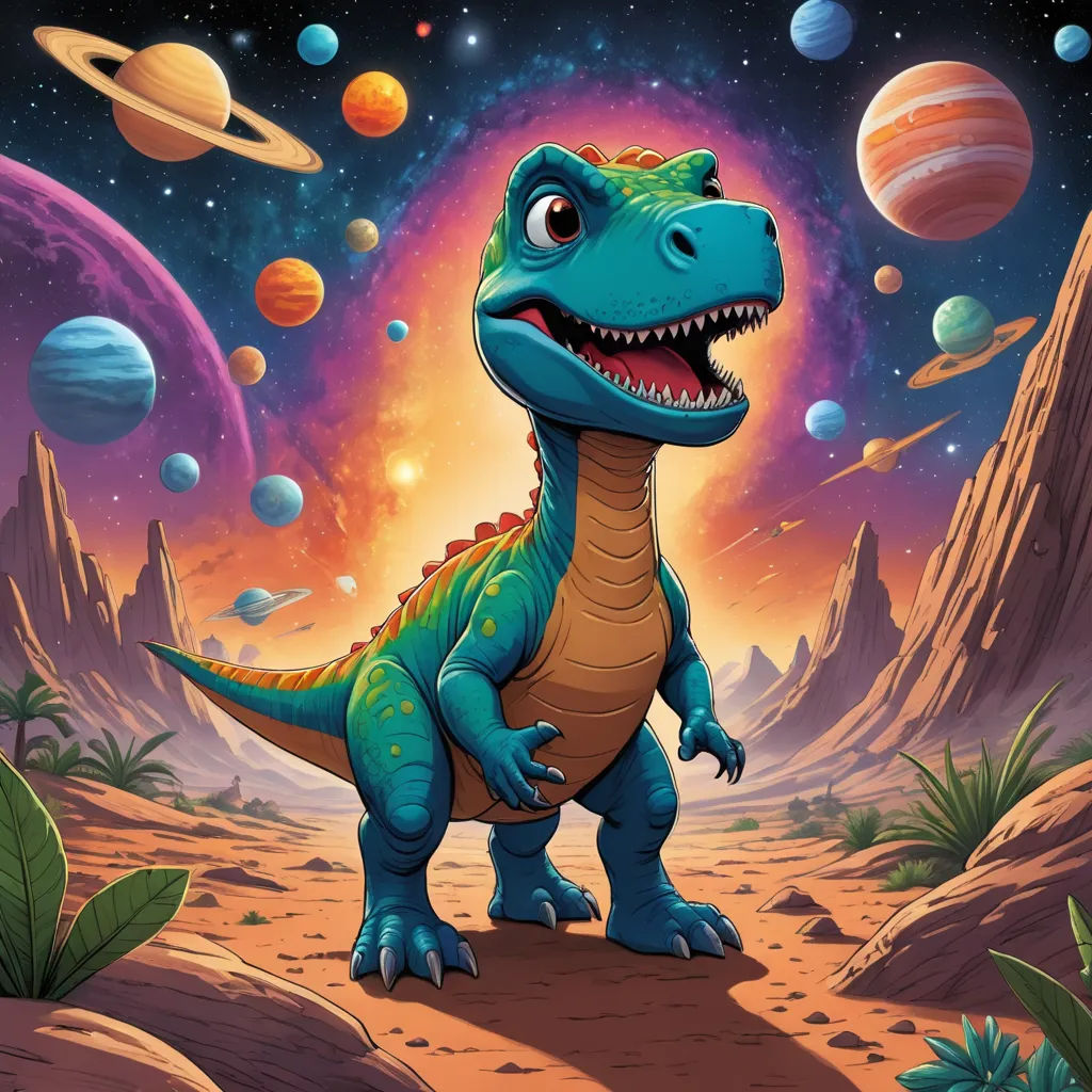 a dinosaur in the desert with planets in the background illustration by alex macieli for the children's book, the land of the dinosaurs, space art, a storybook illustration, Chris LaBrooy, rossdraws global illumination