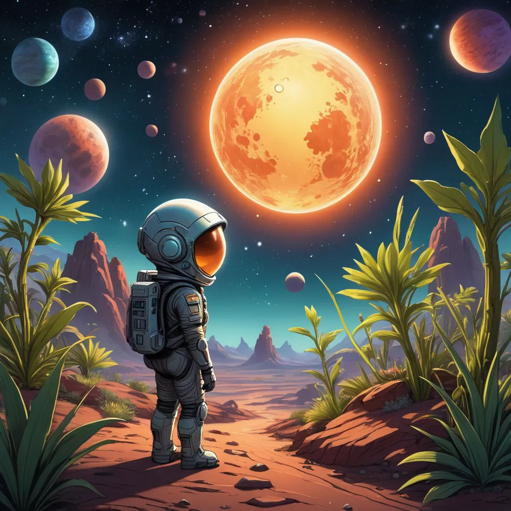a cartoon astronaut looking at the planets in the sky with a full moon in the background, and a desert landscape with plants and bushes, space art, digital art, Chris LaBrooy, sci fi