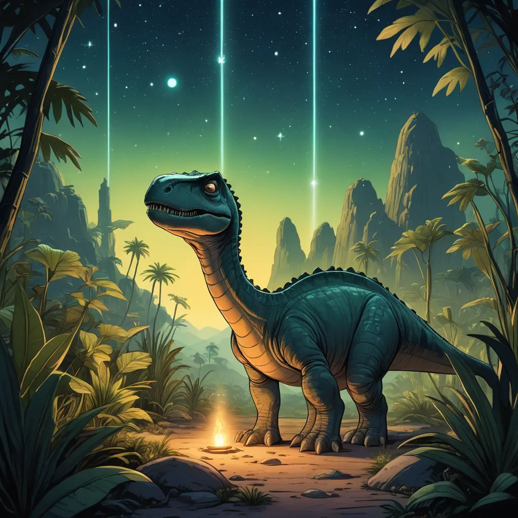 a dinosaur in the jungle with a bright light in the background and stars in the sky above it, and a bright light in the foreground, space art, a storybook illustration, Chris LaBrooy, rossdraws global illumination