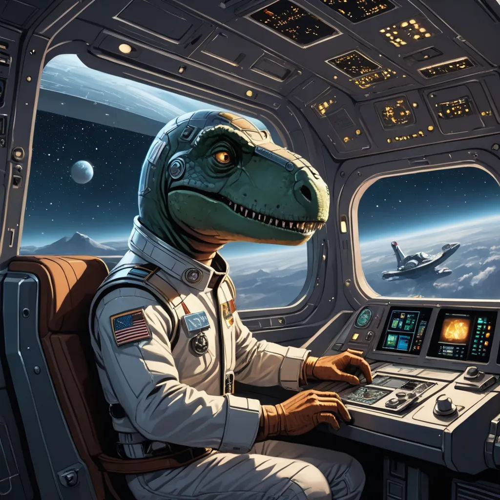 a dinosaur in a space station with a computer screen and a plane in the background, with a pilot in the cockpit, space art, computer graphics, Chris LaBrooy, highly detailed digital painting