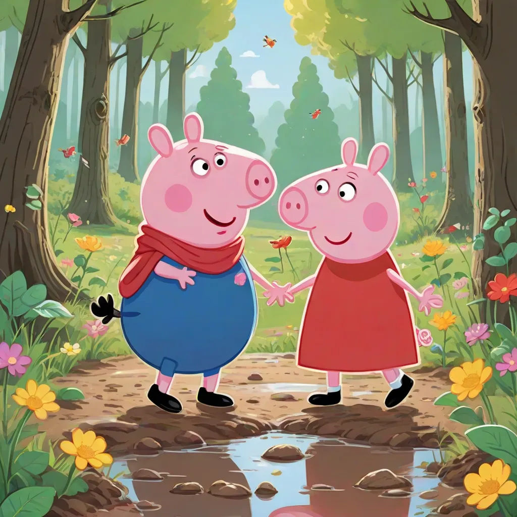 a couple of pigs standing next to each other in a forest with flowers and trees around them, with a pond, sots art, a storybook illustration, Avgust Černigoj, promotional image