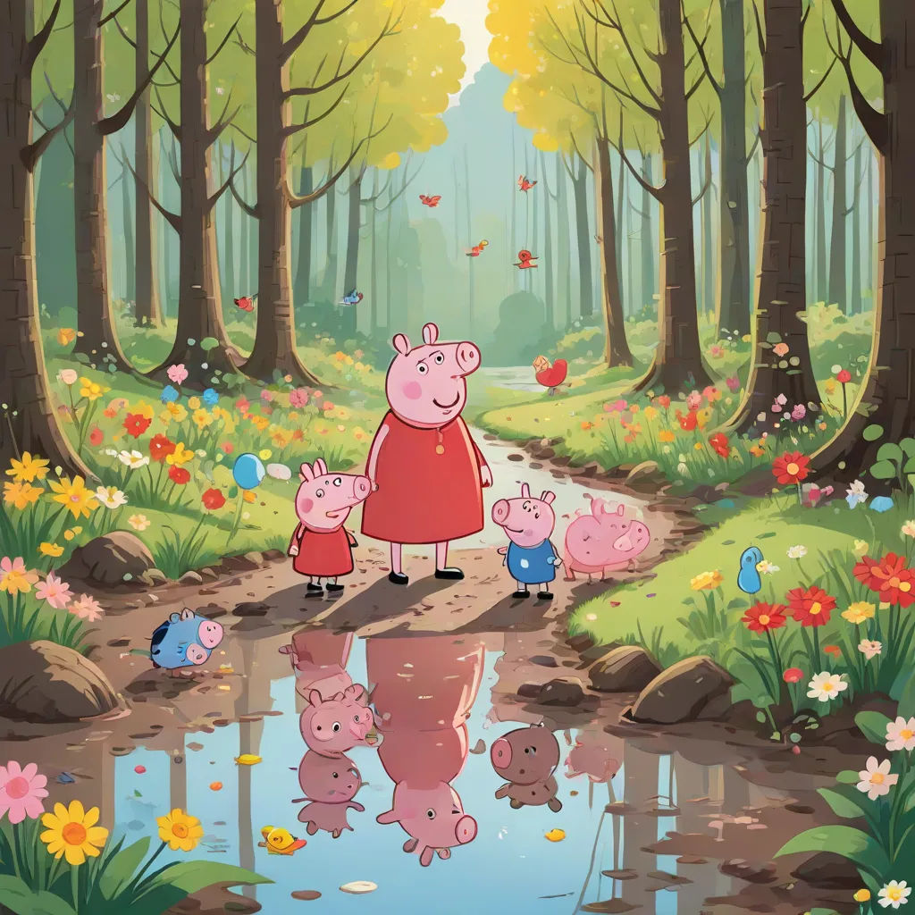 a pig family walking through a forest with a pond of water in the foreground and flowers in the background, sots art, poster art, Beatrix Potter, promotional image