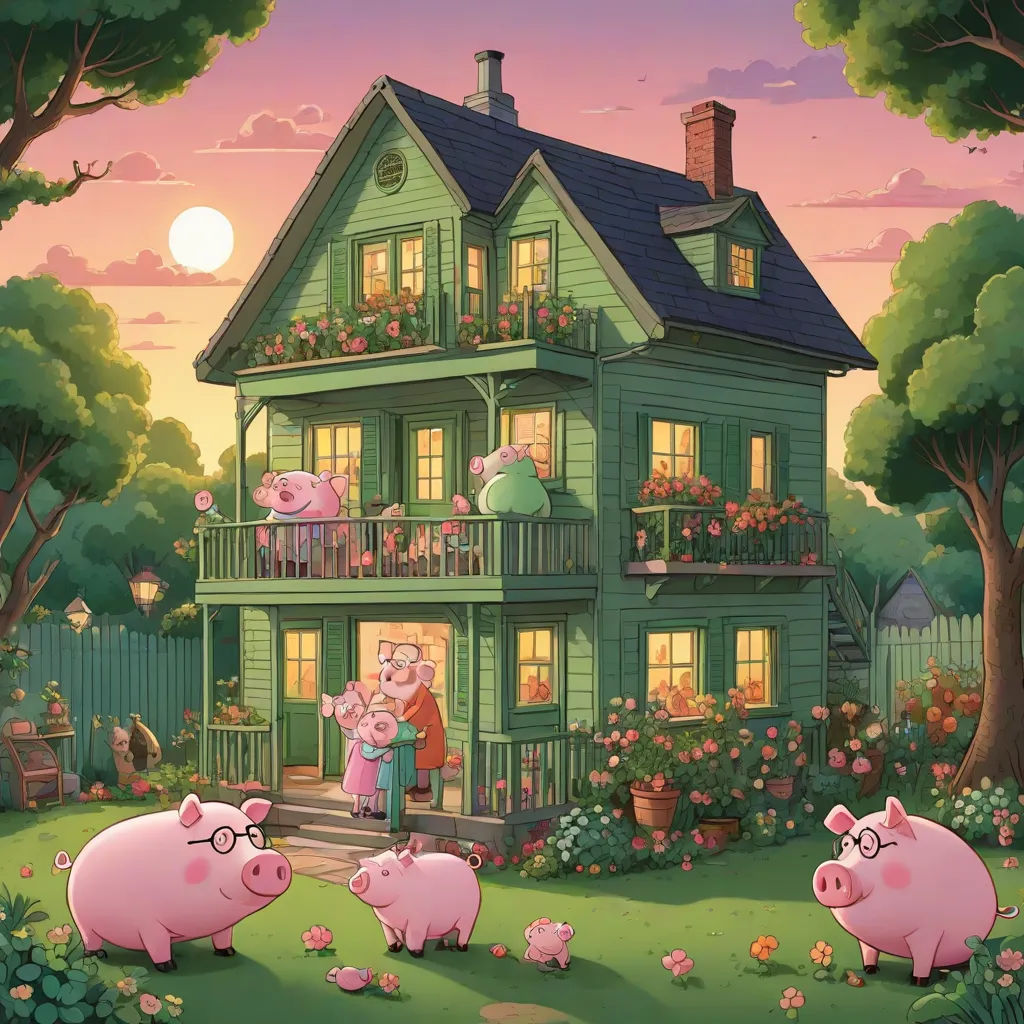 a family of pigs standing in front of a house with a pig in the yard and a pig in the yard, precisionism, a storybook illustration, Chris LaBrooy, official art
