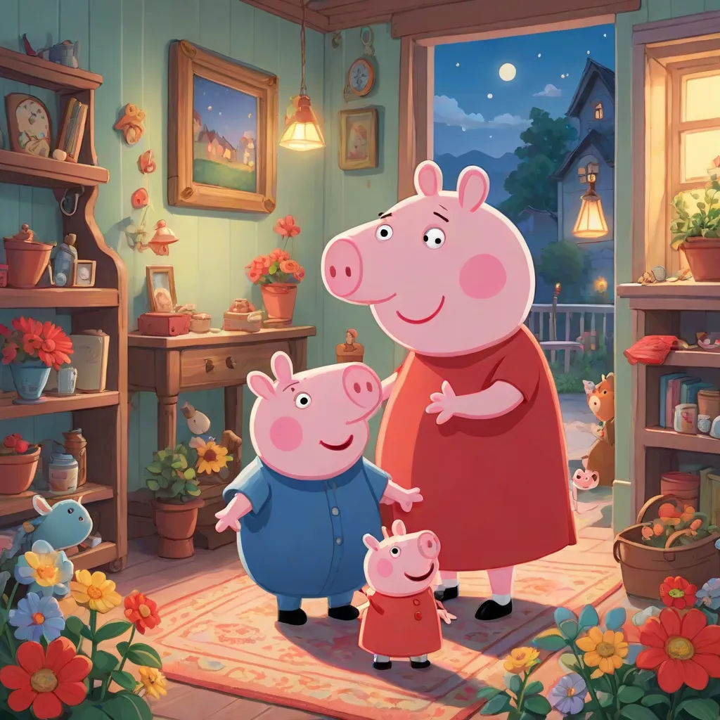 a pig and piggy pig are standing in a room with flowers and a rug on the floor and a window, sots art, a storybook illustration, Beatrix Potter, promotional image