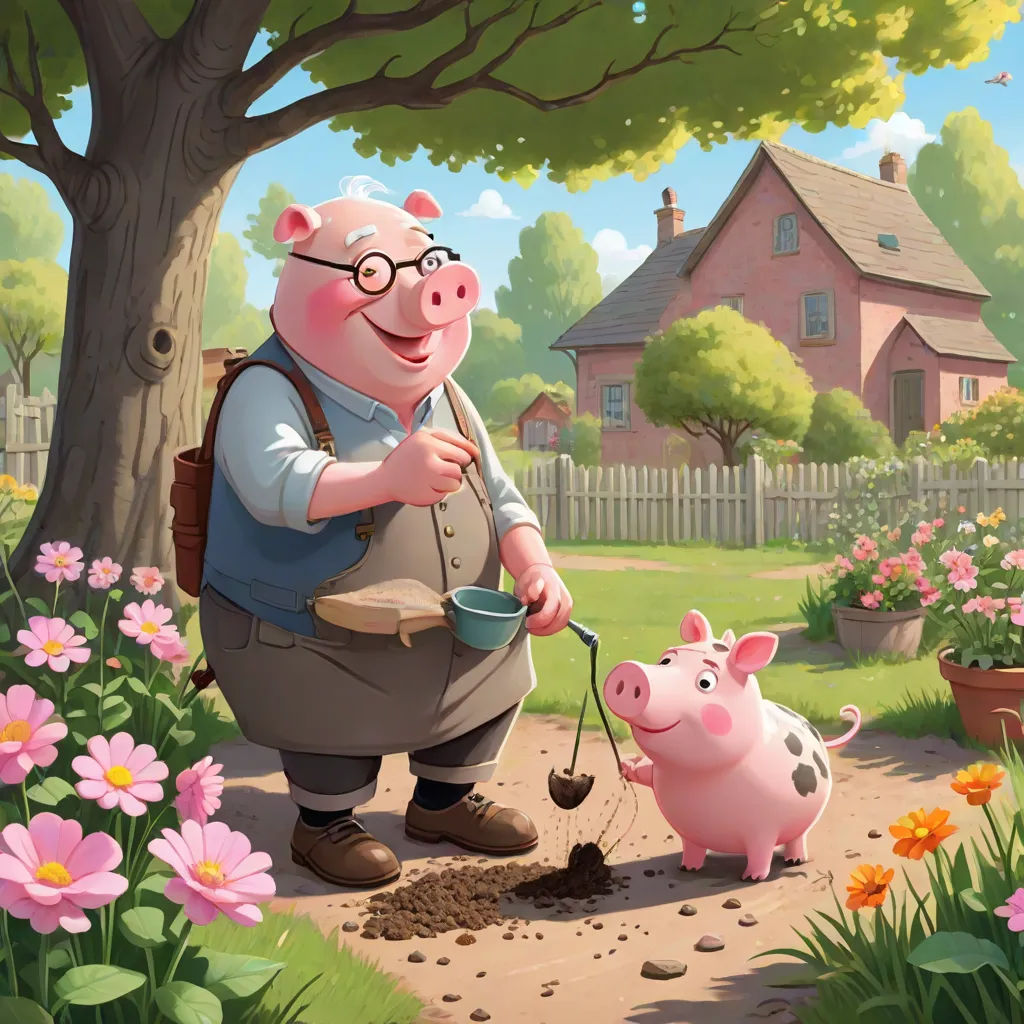 a pig and a piggy are standing in the dirt near a tree and flowers, and a house, sots art, a storybook illustration, Diego Gisbert Llorens, official art