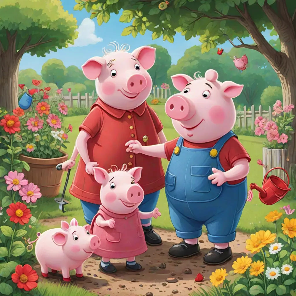 a couple of pigs standing next to each other in a field of flowers and trees with a pig holding a watering can, sots art, a storybook illustration, David Young Cameron, official art