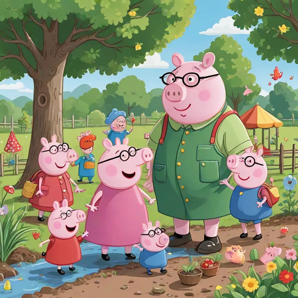 a group of pigs standing next to each other in a field with a man and two children in the background, sots art, a storybook illustration, David Young Cameron, promotional image