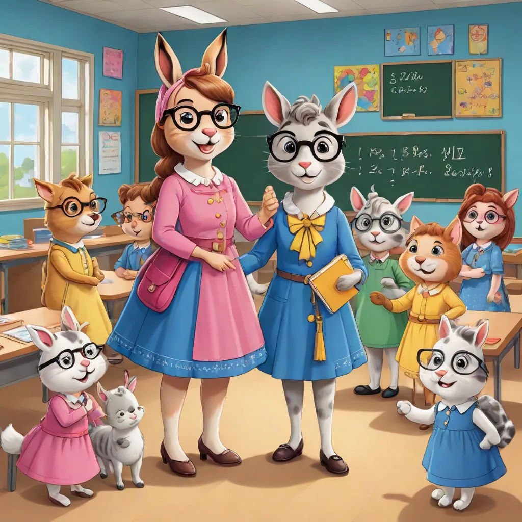 a teacher and her students are dressed up as rabbits and cats in a classroom with a teacher in the background, furry art, a storybook illustration, Ada Gladys Killins, promotional image