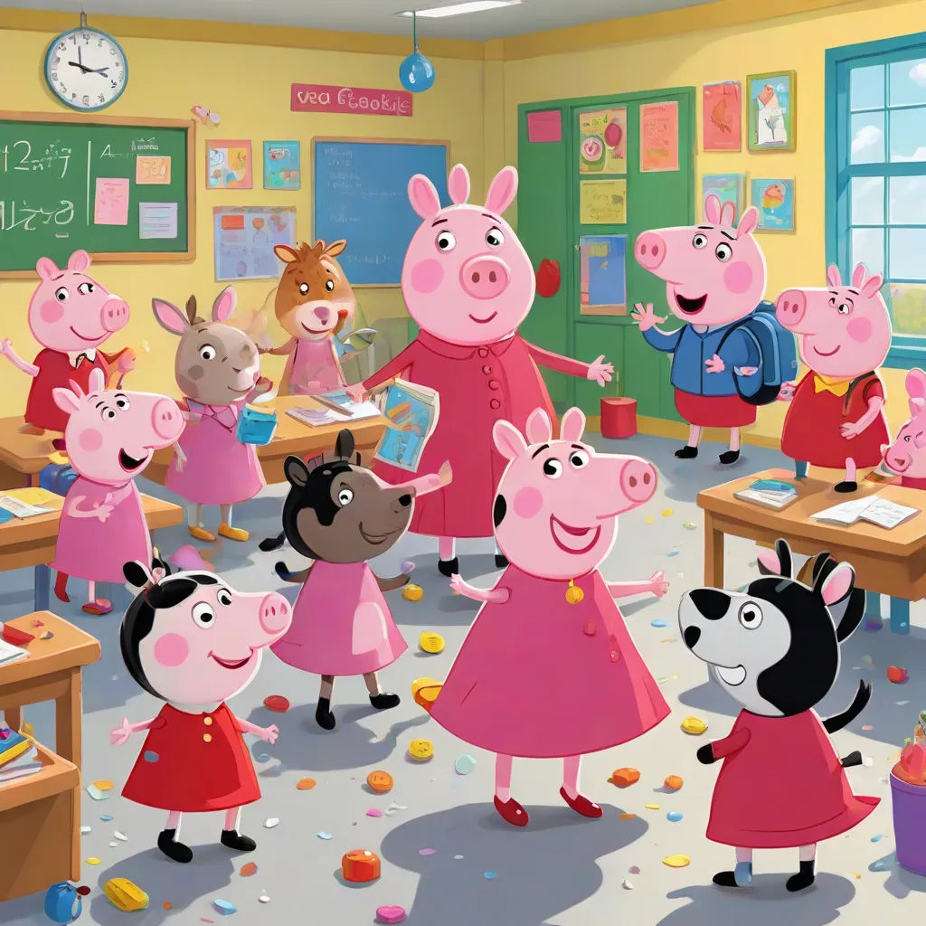 a group of pigs in a classroom with a teacher and children in the background with a clock and a chalkboard, quito school, a storybook illustration, Christabel Dennison, promotional image