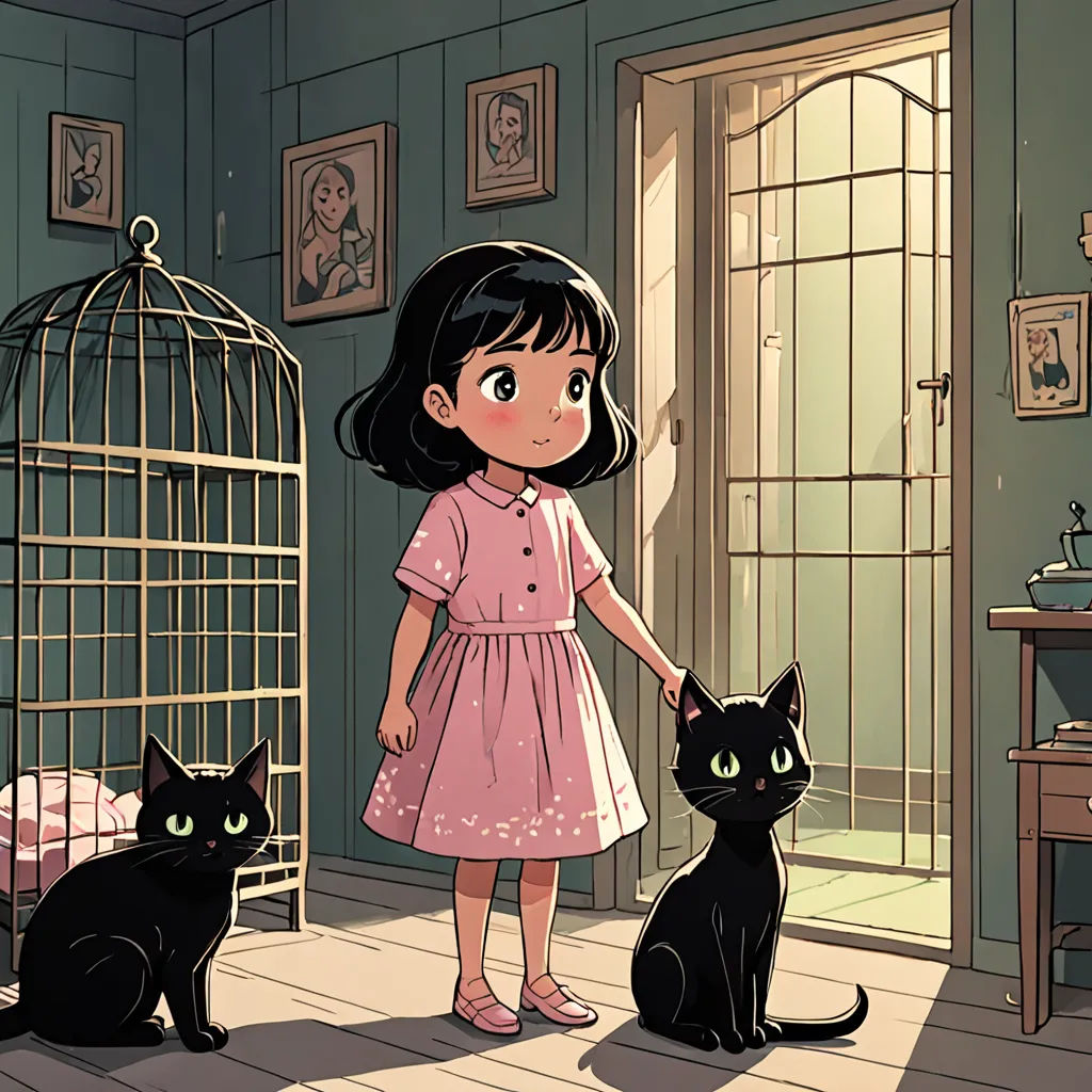 a girl in a pink dress standing next to a black cat in a cage with a picture of a girl on the wall, serial art, a storybook illustration, Clarice Beckett, storybook illustration