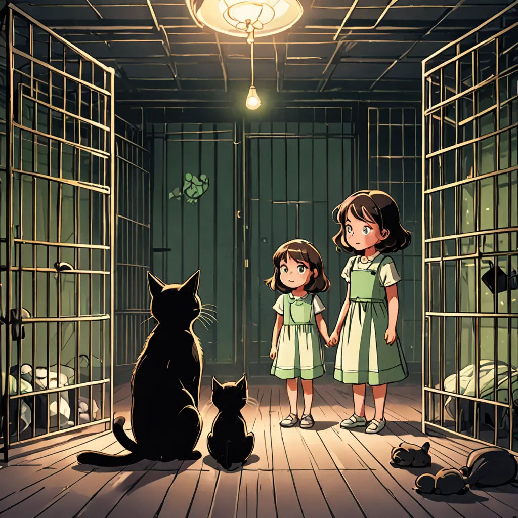 a girl and a cat in a jail cell with a cat sitting on the floor and a cat standing on the floor, serial art, a storybook illustration, Clarice Beckett, comic cover art