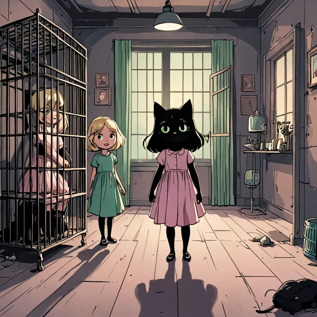 a black cat standing next to a little girl in a room with a cage full of cats and a cat on the floor, furry art, a comic book panel, Clarice Beckett, comic cover art