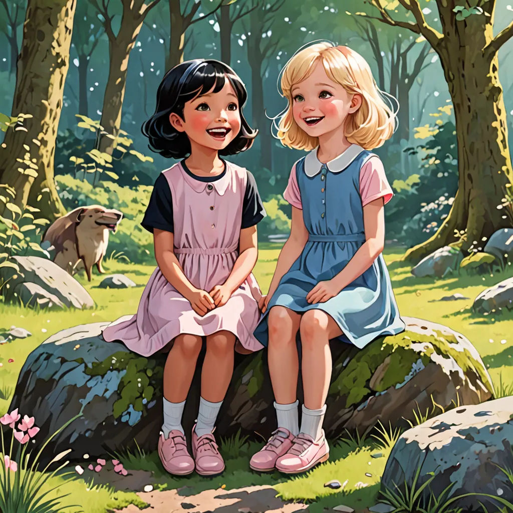 two little girls sitting on a rock in the woods together, one of them is holding a teddy bear, american scene painting, a storybook illustration, Brothers Hildebrandt, storybook illustration
