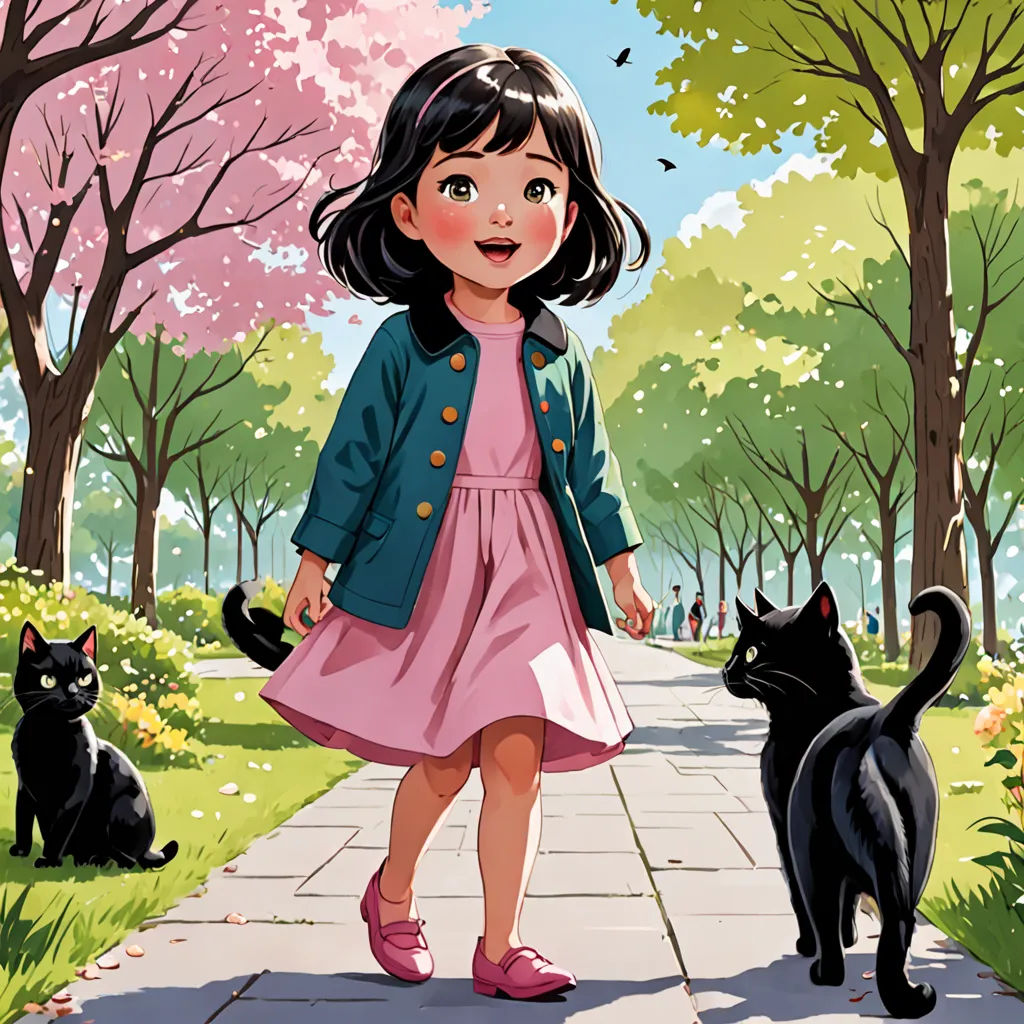 a little girl walking down a sidewalk next to a black cat and a black cat on the ground near trees, process art, a storybook illustration, Chen Lin, storybook illustration