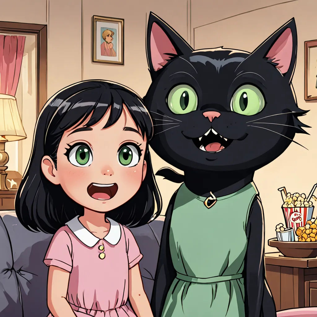 a girl and a black cat standing next to each other in a living room with a couch and a table, furry art, a comic book panel, Anne Said, official art