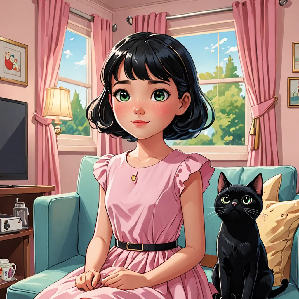 a girl sitting on a couch next to a black cat in a pink room with pink curtains and a window, serial art, a storybook illustration, Chen Hong, official art